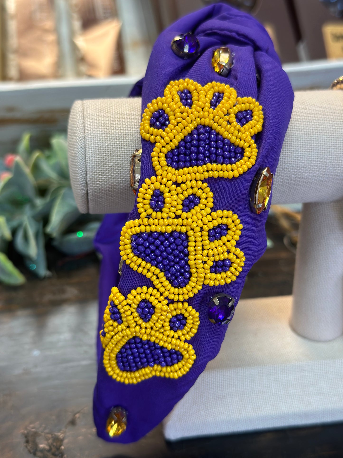 Purple & Gold Paw Print Beaded Headband