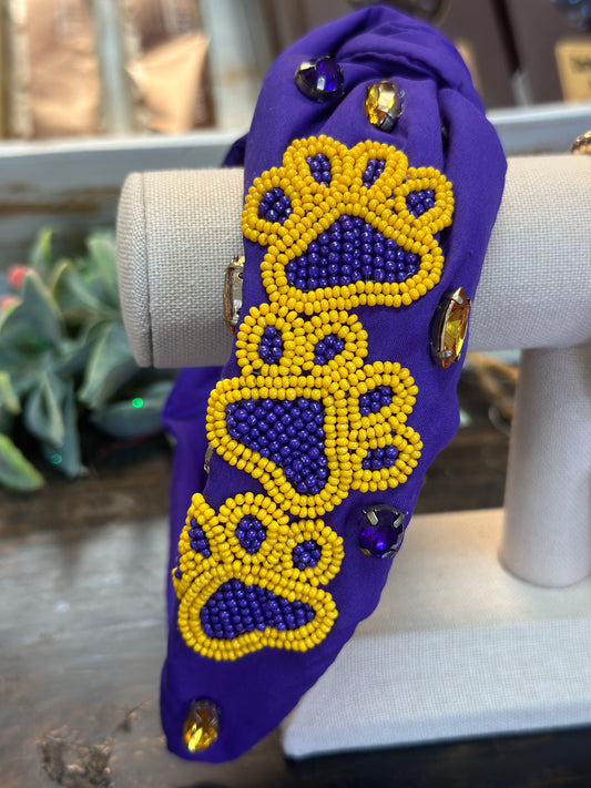 Purple & Gold Paw Print Beaded Headband