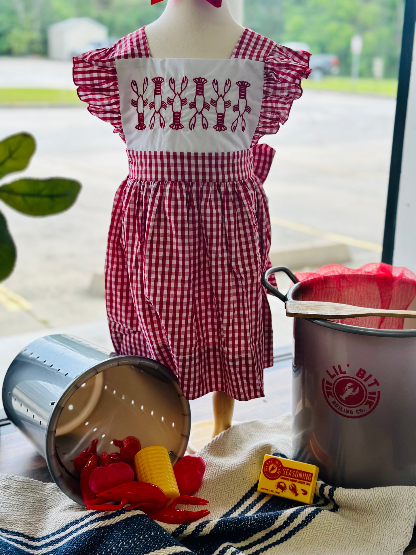 Crawfish Embroidered Pinafore Dress