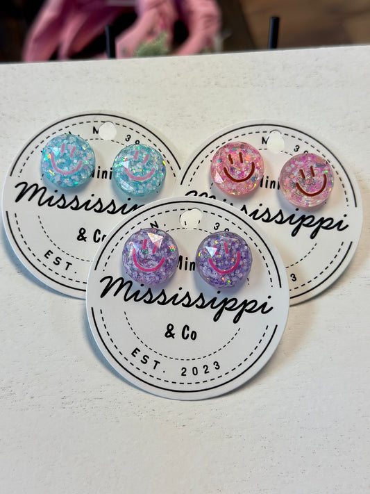K&C Glitter Smiley Stud Earrings