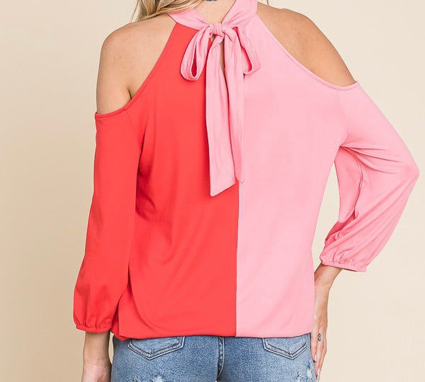 Tie Neck Cold Shoulder Block Top