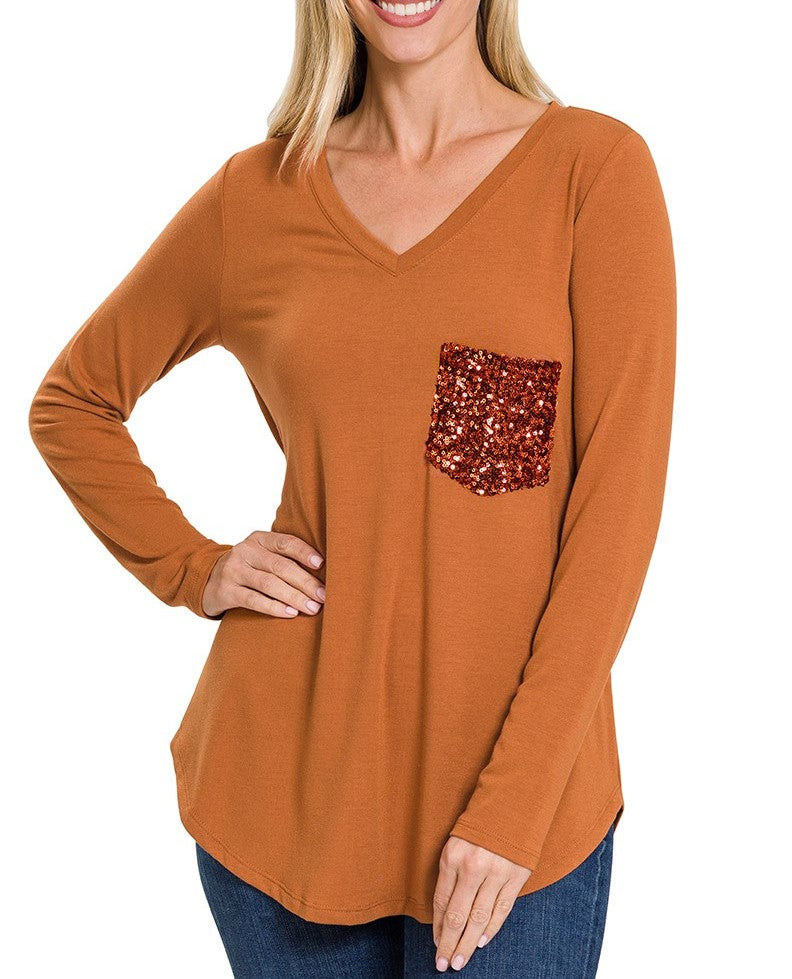 Long Sleeve V Neck Sequin Pocket Shirt