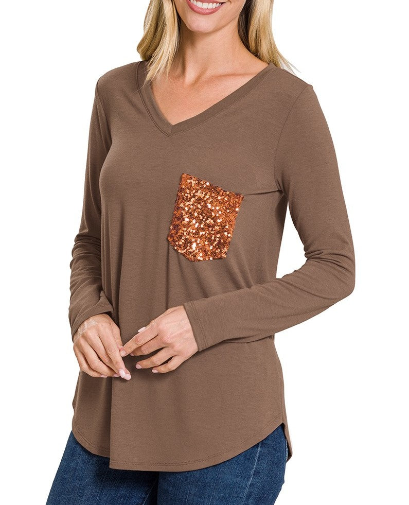 Long Sleeve V Neck Sequin Pocket Shirt