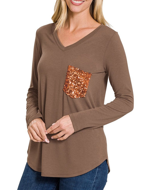 Long Sleeve V Neck Sequin Pocket Shirt