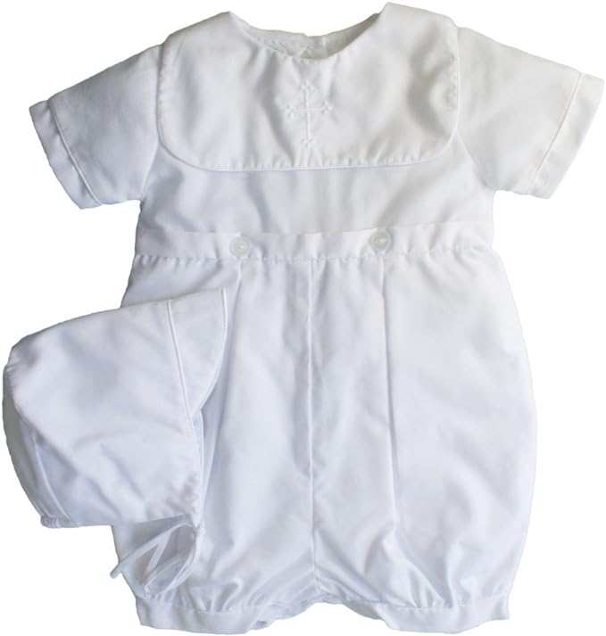Petit Ami Cross Embroidered Christening Romper & Bonnett